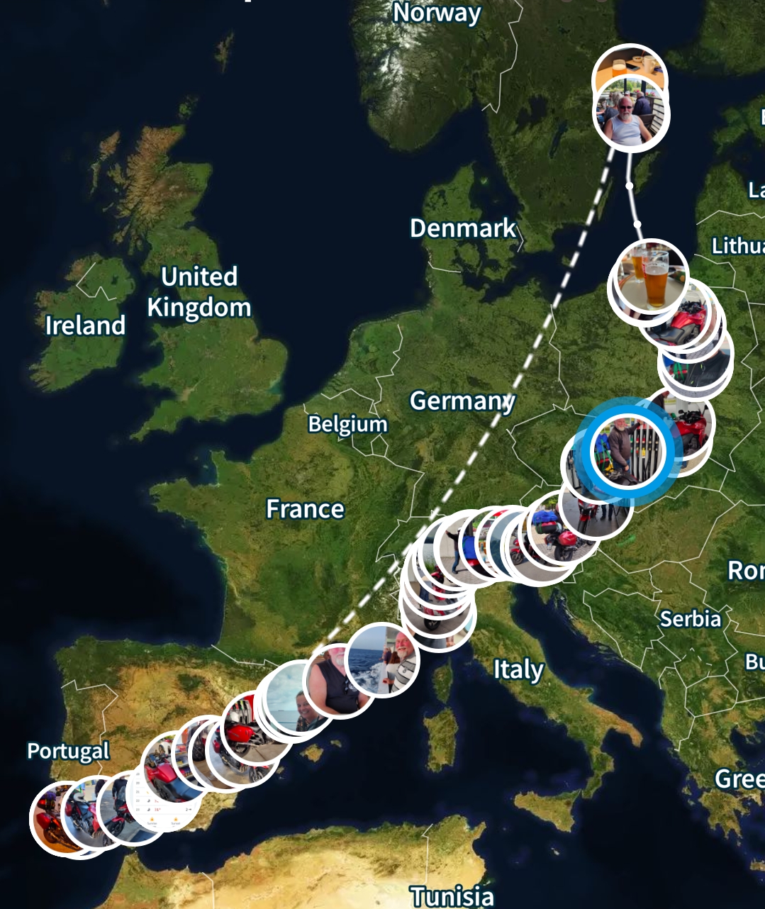 Map with point showing stops in Europe